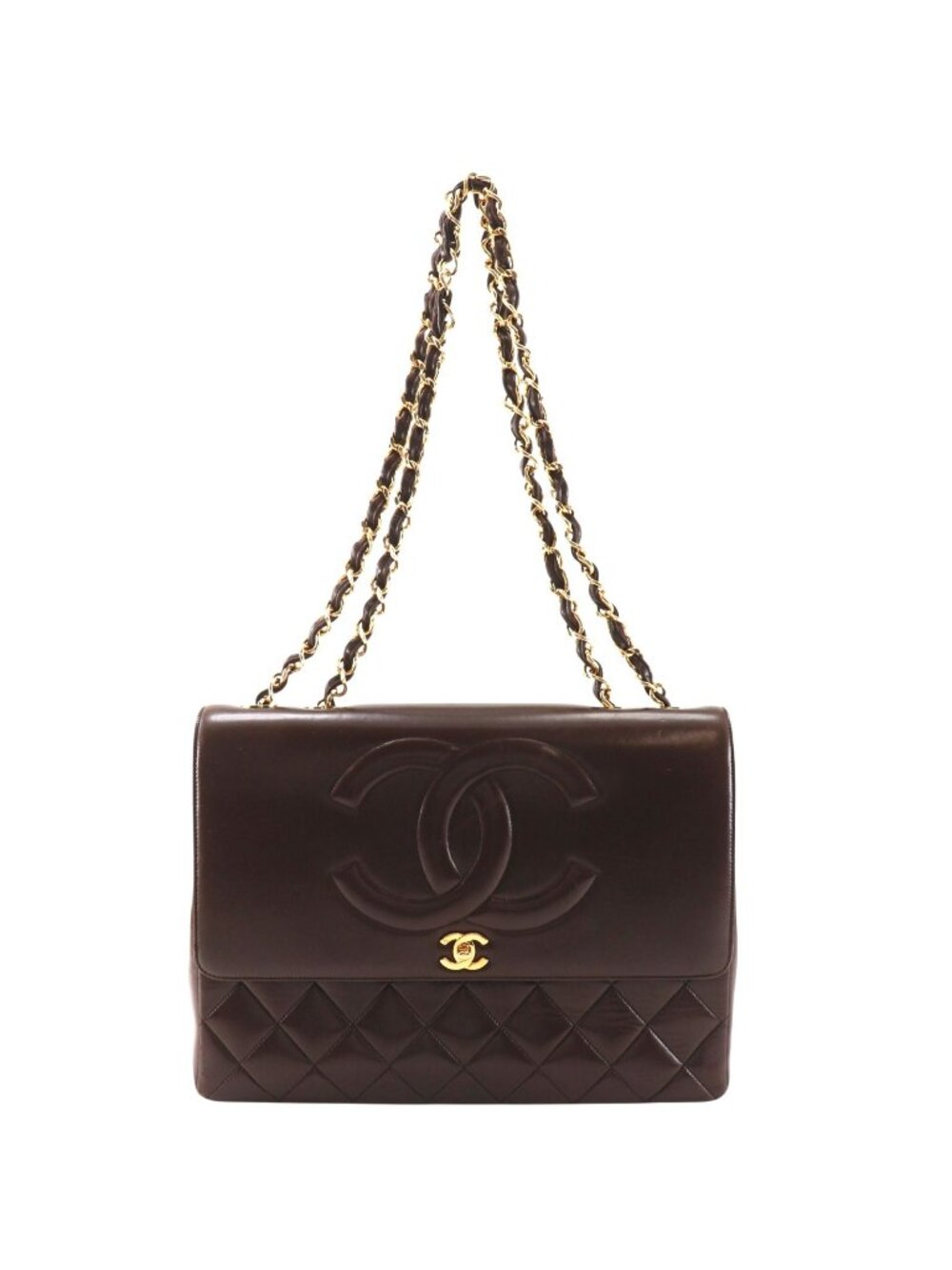 Chanel Maxi Quilted 34 Chain Shoulder CC Logo Lambskin Brown